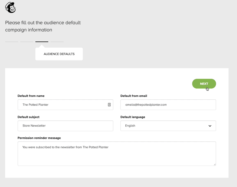 Mailchimp for WooCommerce - Audience Defaults Tab - Cursor Clicks - Next