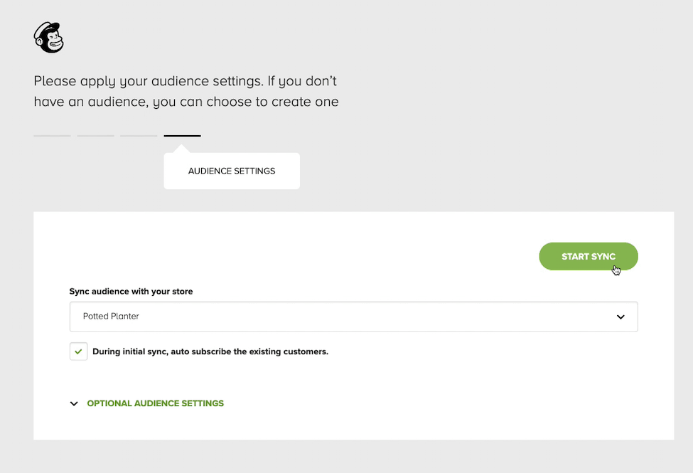 Mailchimp for WooCommerce - Audience Settings Tab - Cursor Clicks - Start Sync